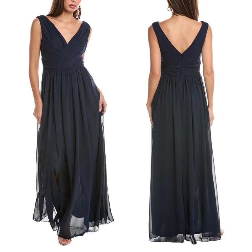 Dessy Collection Sleeveless Draped Chiffon Maxi Dress in Midnight Navy Sz 2 NEW